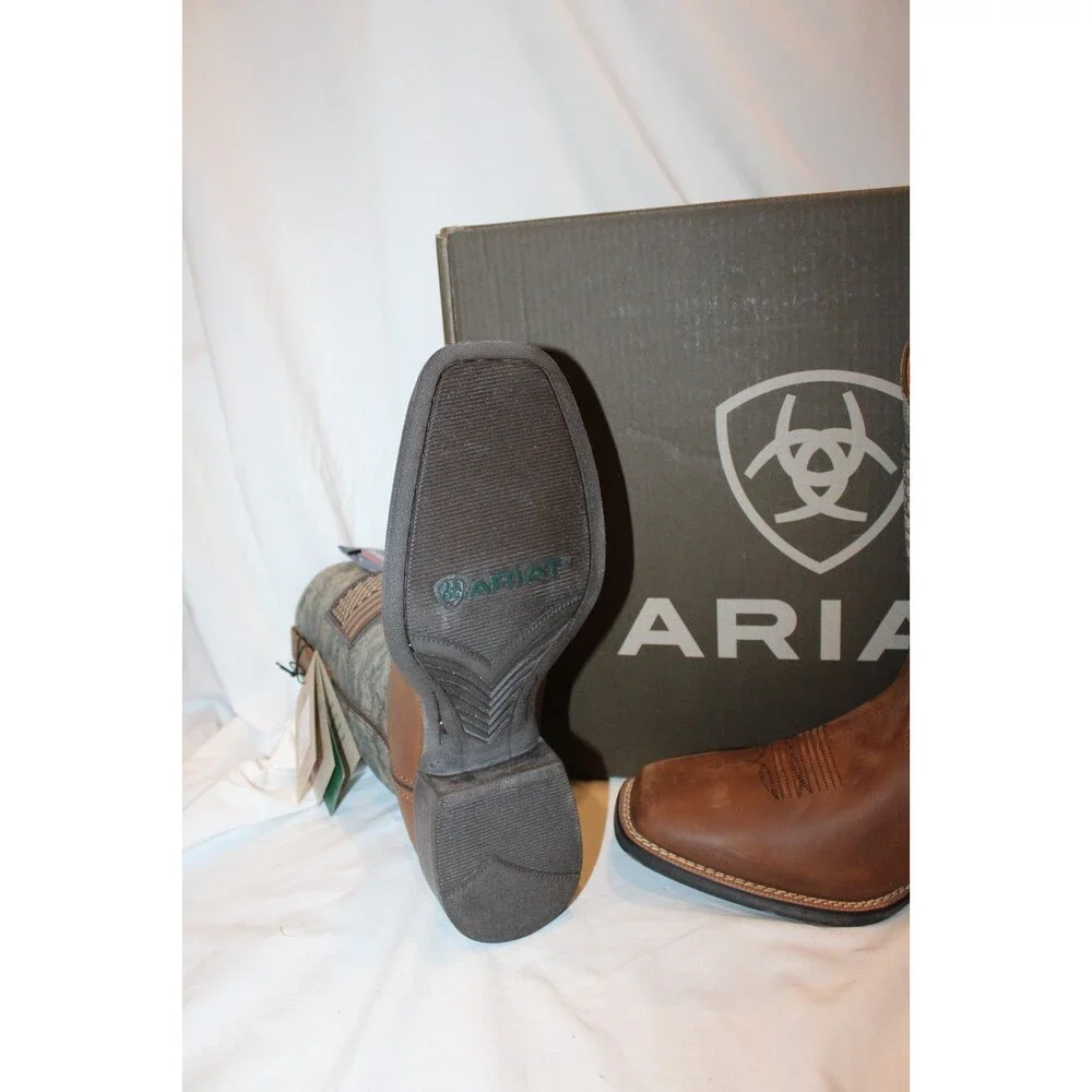 ARIAT MEN'S SPORT PATRIOT DISTRESSED BROWN SAGE CAMOUFLAGE SQUARE TOE BOOTS 9.5